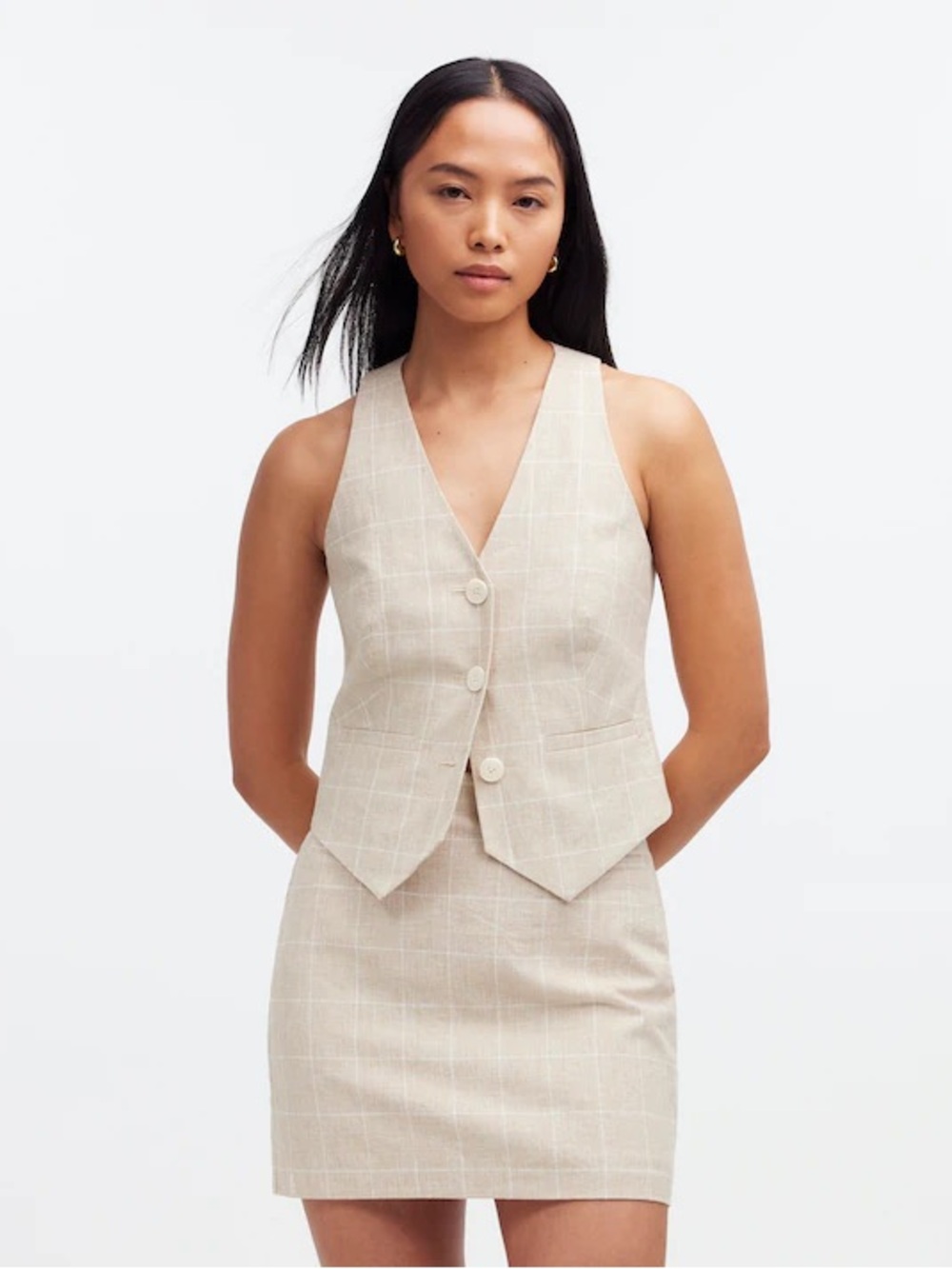 NWT $208 Madewell Linen Vest Top & Skirt Set 4 Beige Plaid Business Casual Work